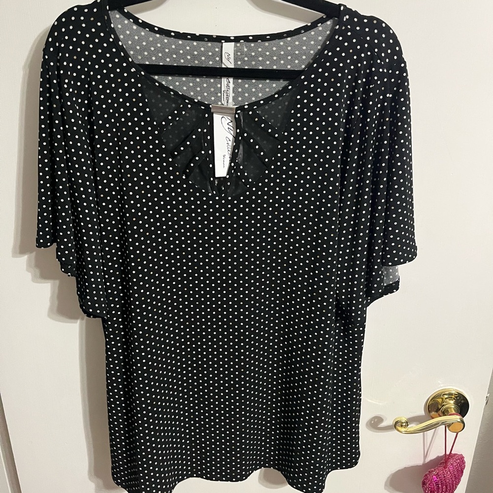 🖤 1X NY Collection Black and White Polka Dot Blouse with Flutter Sleeves NWT - Picture 8 of 8